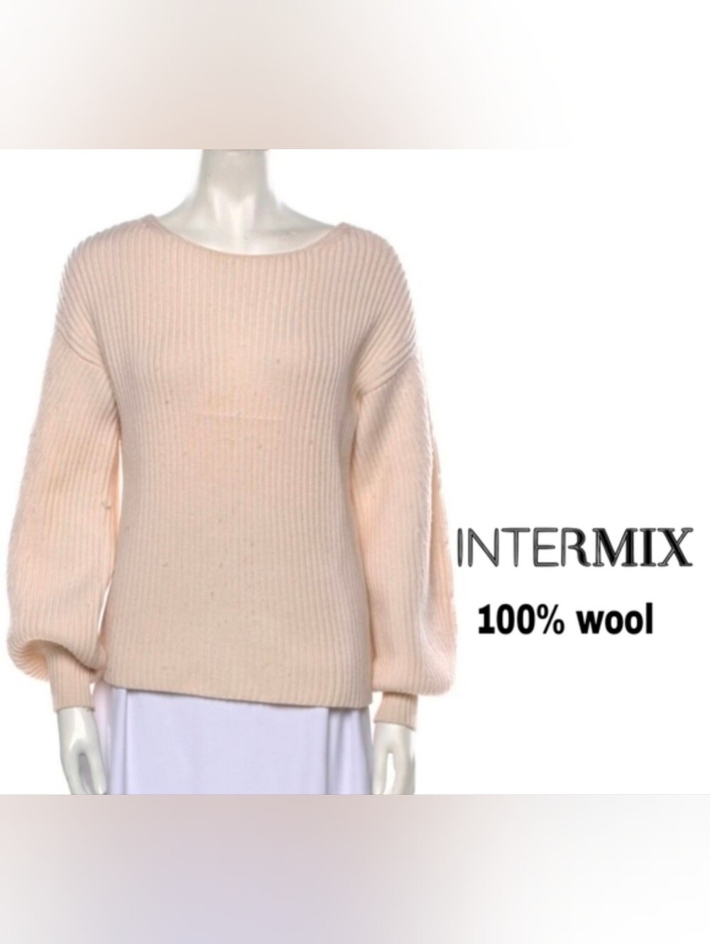 Intermix 100% Wool Ribbed Bateau Neckline Sweater Balloon Sleeves Petite Large